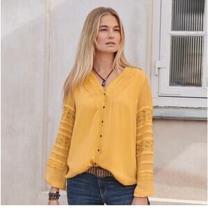 Sundance Mellow Days long sleeve button down blouse Size S yellow boho lace